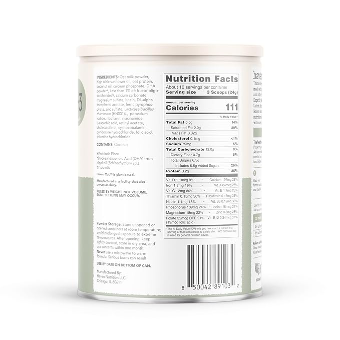 Haven Oat Toddler Formula, Plant Based Dairy Free Oat and Oat Protein Powder for Toddlers With Probiotics, Prebiotics, Lutein and Omega 3 Dha, Easy Digestion Formula, Non GMO, American Made, 14.1 Oz