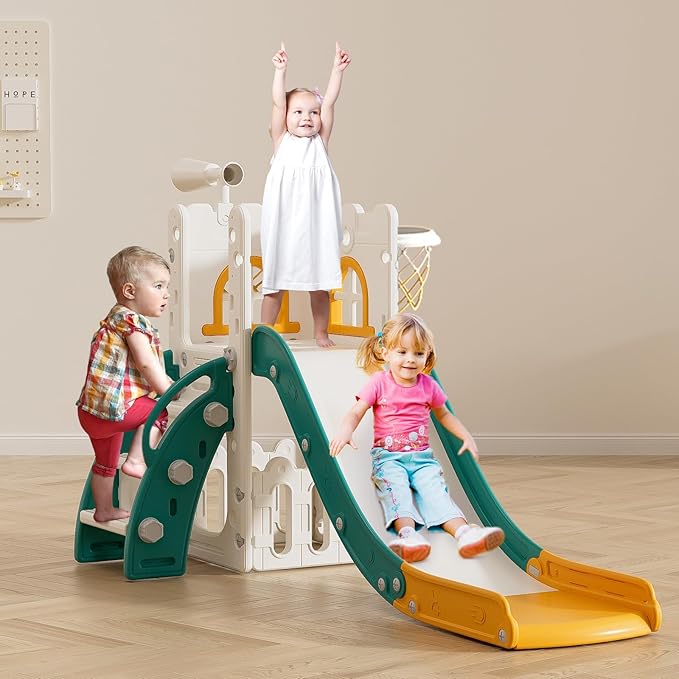 Toddler Slide for Kids with Climber Basketball Hoop, Storage Space, Telescope Kids Indoor Slide Baby Slide for Outdoor Play Upgraded Toddler Indoor Playground with Wider and Longer Slideway Upgraded