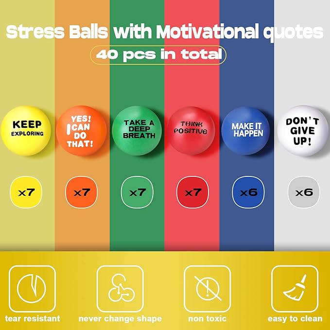 Chivao 40 Pcs Motivational Stress Balls Colorful Foam Inspirational Quotes Anxiety Relief Balls Small Funny Stress Relief Hand Exercise Gifts for Adults Teams Motivating Encouraging (Classic)