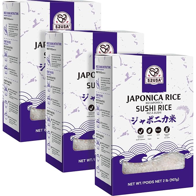 52USA Sushi Rice 2 Pound (Pack of 3), Premium Short Grain Rice 96 Ounce (2721g), Gluten-Free, Vegan, White Sticky Rice for Sushi and Japanese Food