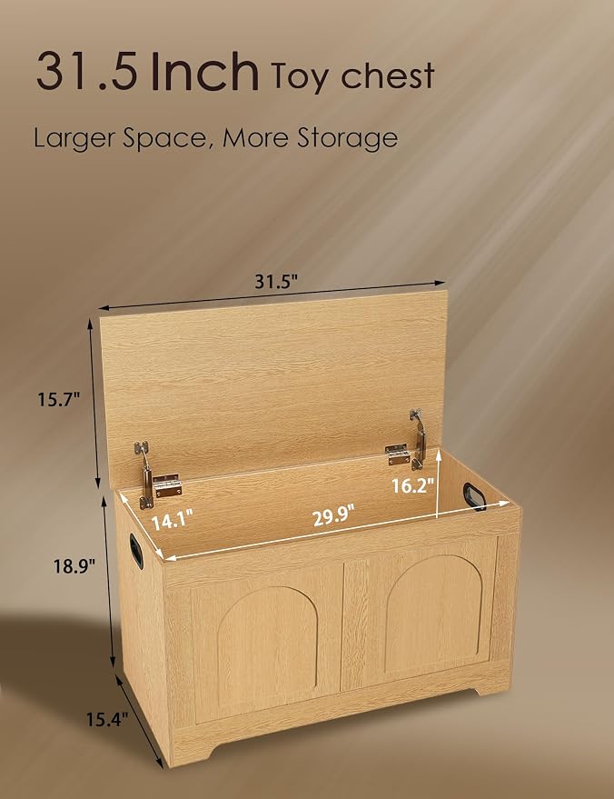 Storage Chest, Wooden Toy Box, Natural 31.5" L | Entryway Shoe Bench, 2 Soft-close Hinges, Finger-safe Flip-Top Lid, Easy Assembly, Farmhouse Large Trunk, Living Room/Bedroom