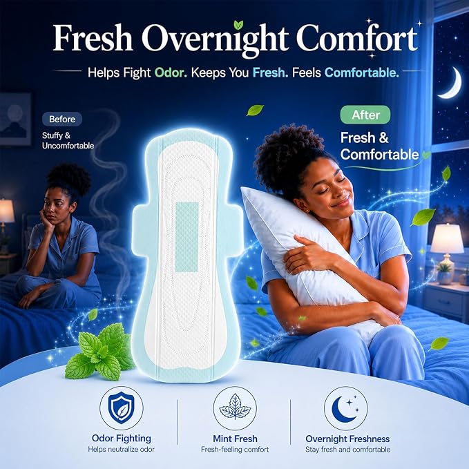 BST Mint Fresh Extra Heavy Overnight Pads for Women, Period Pads with Wings, Feminine Care, Ultimate Absorbency, Odor Control Unscented Sanitary Napkins（Packaging May Vary, 16 Count）