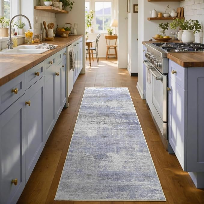 2x6 Ft Washable Runner Rug, Non-Slip Low Pile Hallway Kitchen Area Rug, Soft Long Entryway Floor Mat Abstract Pattern Carpet for Bedside & High-Traffic Areas (Blue/White)