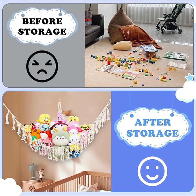 Stuffed Animals Hammock with LED Light Included 2Batteries - 63 inch XX-Large Boho Style Toy Storage Net - Corner Hanging Hammock for Small or Large Plushies Organize & Girls Room Decor, Baby Nursery