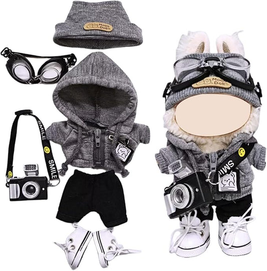 17cm Doll Clothes Set (6-Pcs Outfit), Stylish Clothing for Bunny Doll with Top, Pants, Shoes & Accessories, Just Clothes