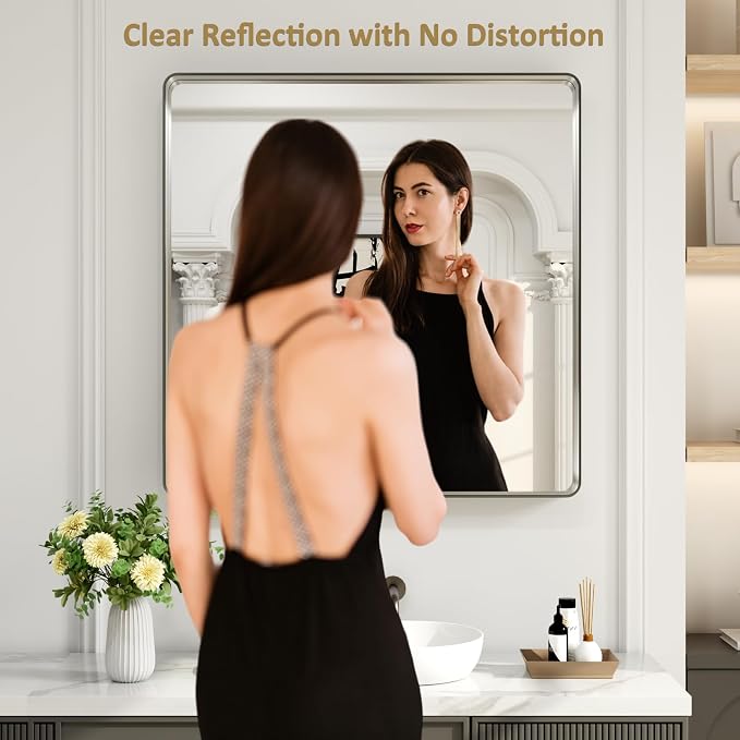LOAAO 38X38 Inch Brushed Nickel Bathroom Mirror | Rounded Rectangle, Silver Metal Frame, Anti-Rust, Tempered Glass, Hangs Horizontally or Vertically