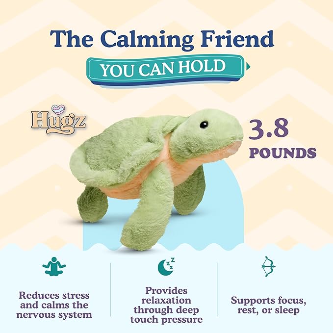 Hugz Official Shelly The Turtle – Premium Weighted Stuffed Plushie 3.8 lb for Adults & Kids – Microwavable Stuffed Animal – Heatable & Coolable – Super Soft Fur – Gift Ready Tube Packaging