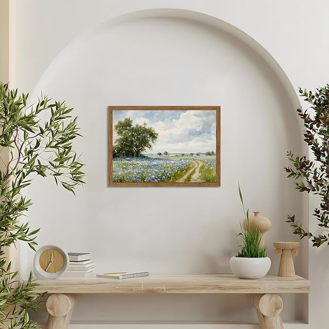 Framed Vintage Canvas Wall Art, Country Landscape Wildflower Field Wall Decor Paintings, Rustic Nature Pictures Prints Home Decor for Living Room Bedroom Bathroom Farmhouse 16x24 inch
