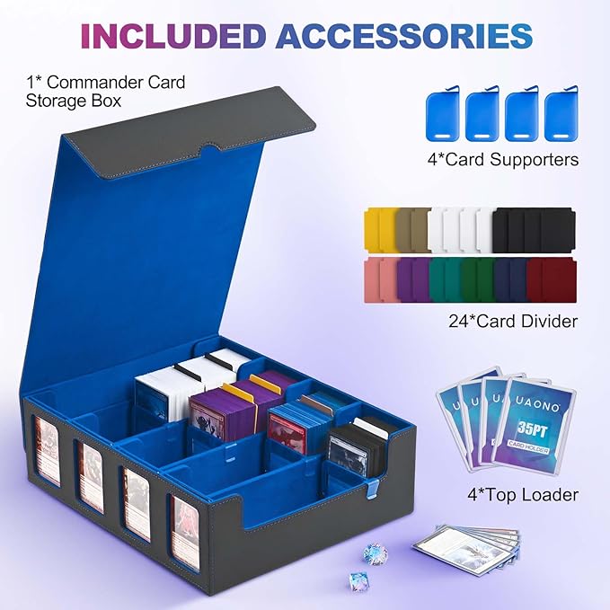 UAONO Trading Card Storage Box with Commander Display; 2400+ Deck Box for MTG with Removable Cover; Top Loaders Card Case fits Magic TCG PTCG Sports Cards; 24 Dividers, 4 Stoppers (Black, Blue)