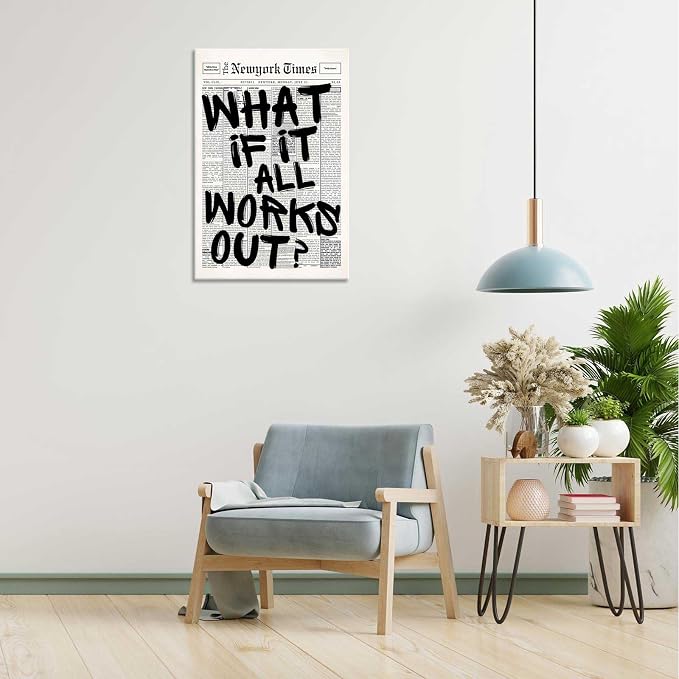 Drimiler Retro Black And White Newspaper Poster What If It All Works Out Canvas Wall Art Positive Affirming Quote Minimalist Prints Painting For Home Bedroom Dorm Wall Decor 16x24in Wframed