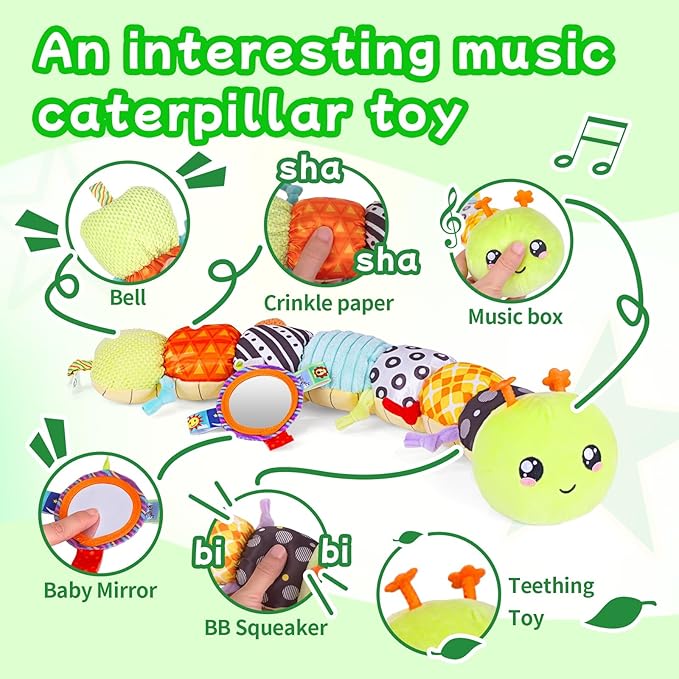 2026 Upgraded Baby Musical Plush Caterpillar Toy - Soft Sensory Toy for 0-12 Months, Tummy Time & Head-Lifting Support with Rattle, Rustling Sounds & Mirror, Ideal Baby Shower Gift