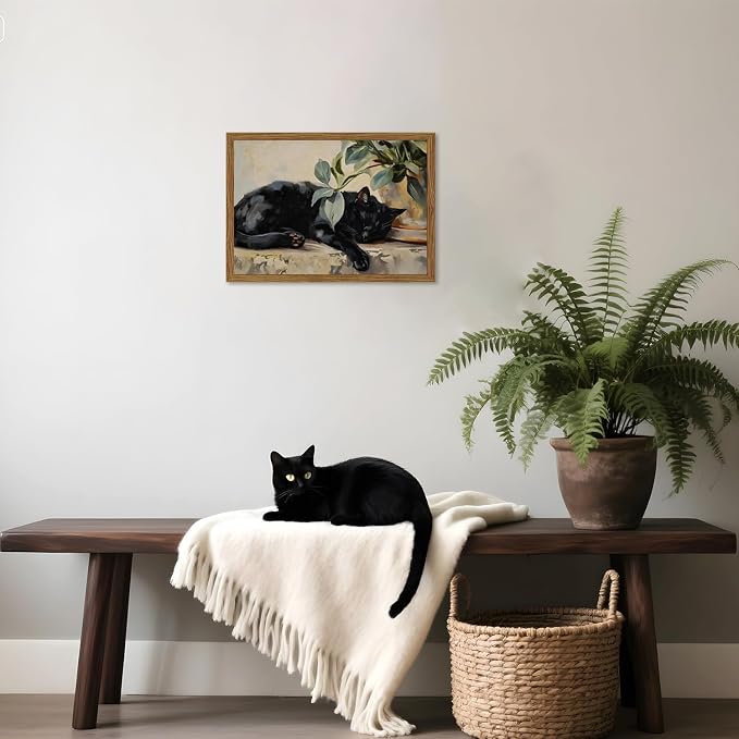 Framed Black Cat Canvas Wall Art, Vintage Sleeping Cat with Plant Picture Wall Decor Paintings, Cute Animal Poster Prints Rustic Aesthetic Home Decor for Living room Bedroom Bathroom 12x16 inch