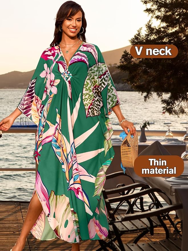 ChiaoLezhee Print Moo-Moos for Women, Kaftan Cover-Up Dresses, Sexy V-Neck High-Slit, Beach Pool-Party Coverups Muumuu Plus
