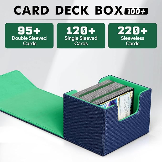 ZLCA Card Deck Box for Trading Cards, MTG Commander Deck Box Holds 120+ Single Sleeved Cards, Leather Magnetic Card Storage Box Fits for TCG CCG Magic Cards (Blue&Green)