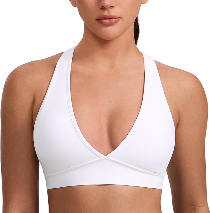 CRZ YOGA Butterlift Deep V Neck Sports Bras for Women - Padded Gym Wide Straps Cut-Out Cross Back Crop Pilates Workout Top