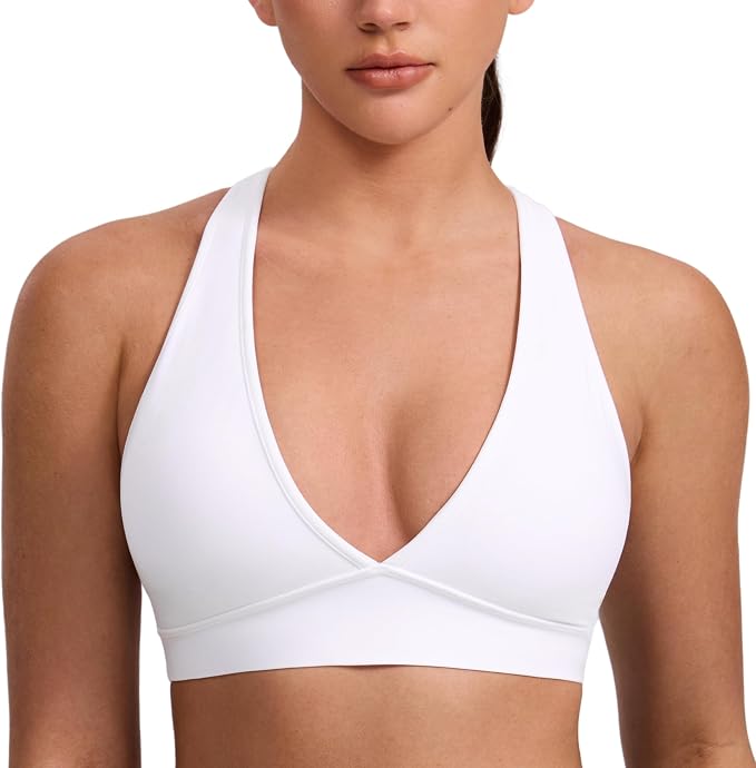 CRZ YOGA Butterlift Deep V Neck Sports Bras for Women - Padded Gym Wide Straps Cut-Out Cross Back Crop Pilates Workout Top