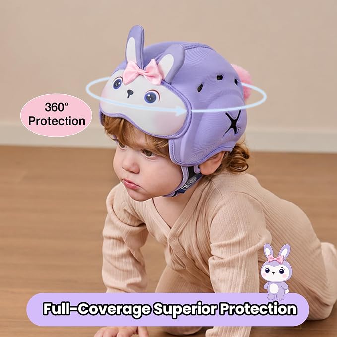 Baby Head Protector Baby Helmet for Crawling and Walking - No Bumps and Soft Safety Peak - Ultra Light and Adjustable Baby Head Protector Suitable for Babies 6-24 Months-Violet Bunny