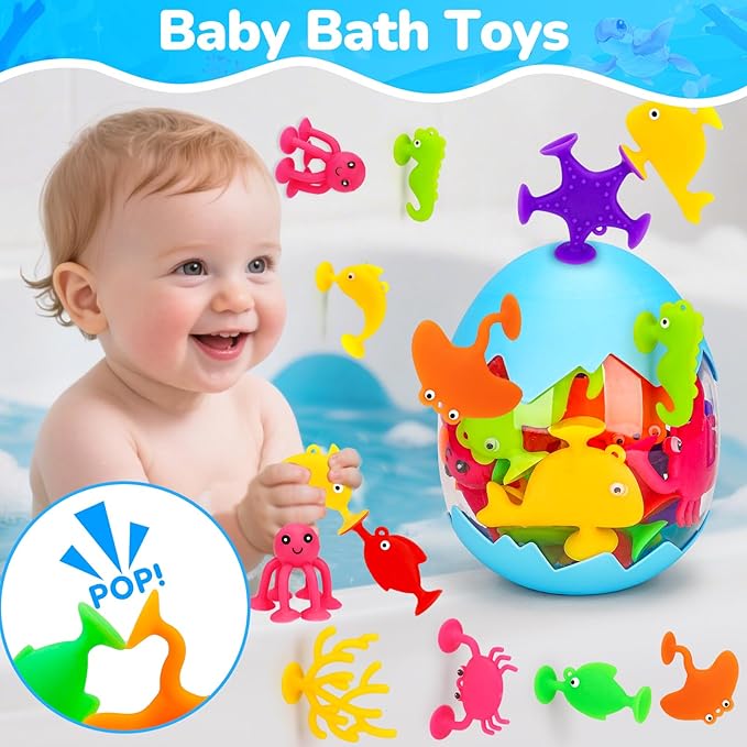 Toddler Suction Cup Bath Toys, Ocean Animal Bath Toys for Kids Ages 1-3 3-5 4-8 Mold Free Bathtub Window Building Travel Toys Valentines Gifts Easter Basket Stuffers for 2 3 4 5 Year Old Boys Girls