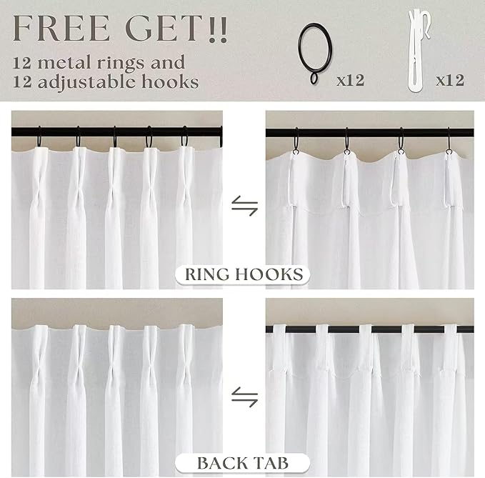 Pleated Linen Curtains 120 Inches Long 60 Inch Width Extra Wide for Living Room Bedroom White Semi Sheer 120 Inch Length Back Tab Hooks Rings Pinch Pleat Curtains for Patio Glass Door 1 Panel