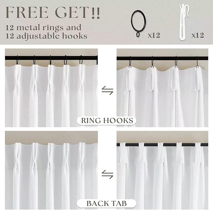 Pinch Pleated Linen 96 Inch Curtains 70 Inch Width for Living Room Divider Light Filtering Thick Linen White Extra Wide Patio Curtains for Sliding Door Balcony Floor to Ceiling Picture Window 1 Panel