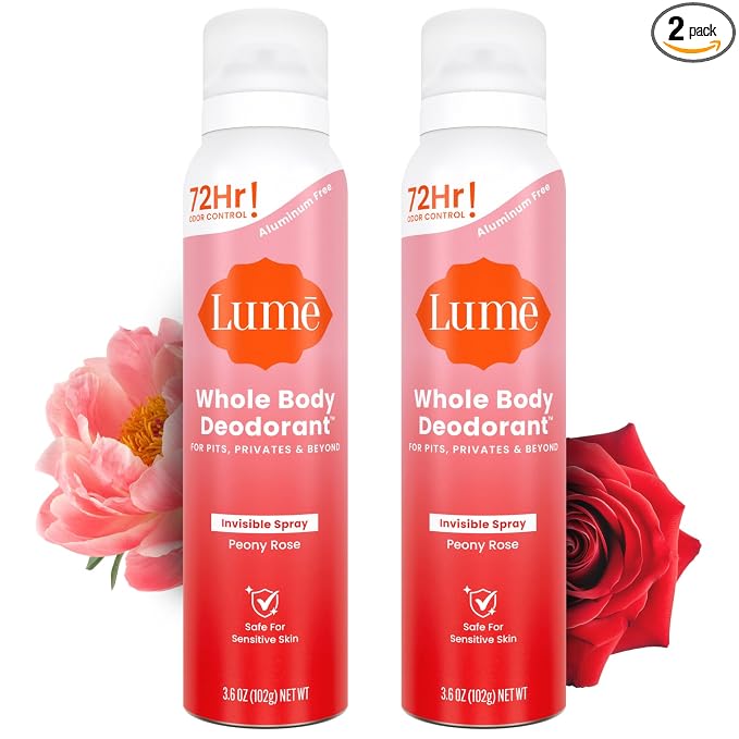 Lume Invisible Spray Deodorant For Women - Whole Body Deodorant Spray - 72 Hr Odor Control - Ozone Friendly, Natural Propellant - Aluminum & Baking Soda Free, Skin Loving - 3.6 oz (2 pk) (Peony Rose)