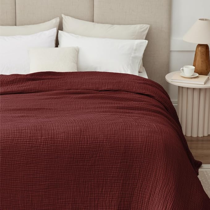 100% Cotton Muslin Blanket King 108" x 90", 6 Layers Breathable and Lightweight Cotton Throw Blankets for Bed, Soft Cooling Summer Gauze Blanket for Adults All Season, Burgundy