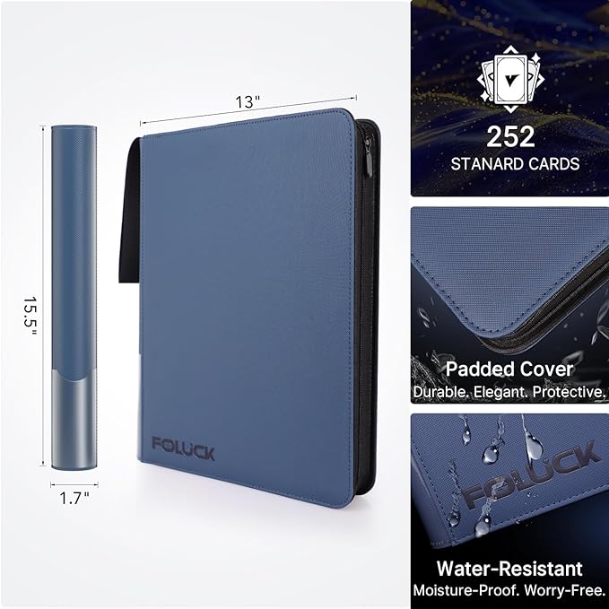 Foluck 9 Pocket Top Loader Binder, Holds 252 Toploaders, 200Pcs Top Loaders & Card Sleeves Included, Side-Loading Trading Card Binder, Premium Collection Album for Pokemon, MTG, Sports Cards (Blue)