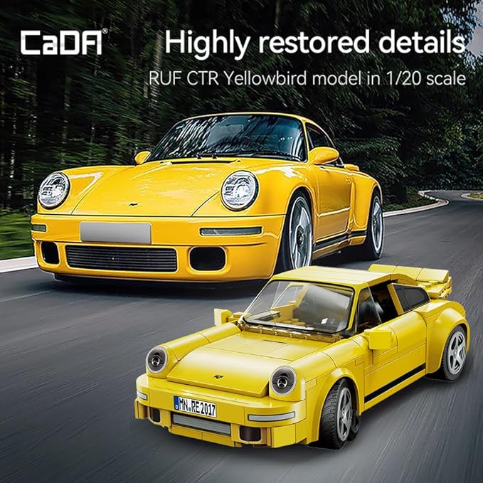 CaDA C51079w 911 RUF Style Racing Building Block Model, 222 Pieces of Precision Assembled 1:20 Yellow Bird Racing Car, Programmable Adult Collection Mini Mechanical Group