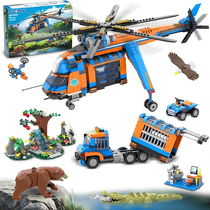 CUBIMANA City Jungle Adventurer Helicopter Building Toys - 1356PCS Forest Truck Adventure Building Set with Car Crocodile Brown Bear Wildlife Rescue Blocks Playset Easter Gift for Kids Boys 6+