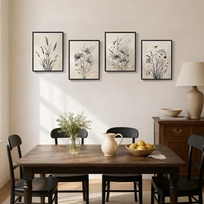 Framed Vintage Rustic Farmhouse Botanical Floral Wall Art, 4 Piece 11x14 In | Retro neutral flower pictures, Waterproof canvas prints, Ready to hang artwork, Kitchen bedroom hallway wall decor
