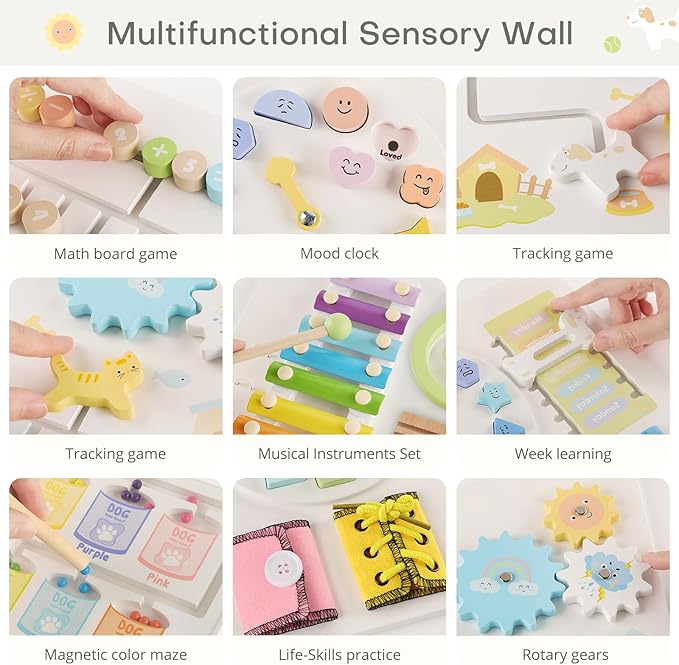 Wooden Dog Sensory Wall Panel, Montessori Wall Busy Board, Toddler Learning Activity Center, Educational Montessori Toys for for Kids Room, Preschool & Daycare