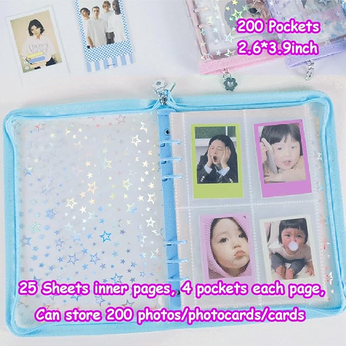 Kpop Photocard Binder with 6 Stickers Sheet & 50 Shinning Protective Sleeves Kpop Photocard Holder Book with Kpop Photocard, A5 Binder Photocard Album 30 Inner Pages with 240 Pockets (Skyblue)