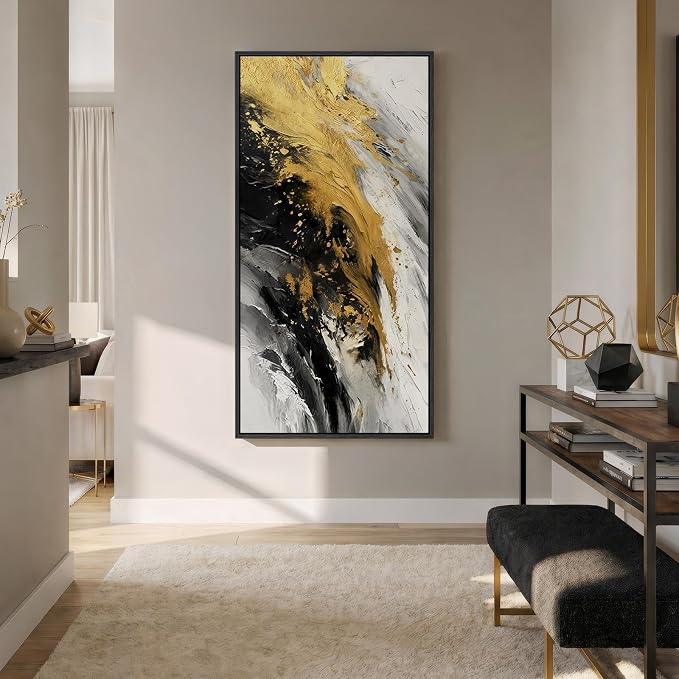 Large Framed Black and White Gold Abstract Wall Art, Modern Vertical Canvas Prints Paintings Artwork for Walls, Contemporary Pictures Wall Decor for Hallway Living Room Dining Room Entryway, 30x60 In