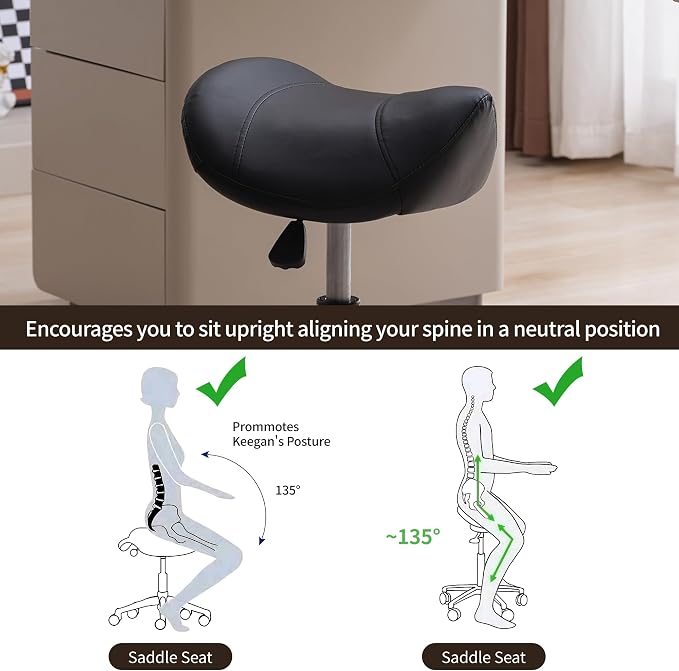 FIRAVOE Saddle Stool, Swivel Saddle Stools with Wheels, Adjustable Rolling Stool 18"-26", Faux Leather Rolling Saddle Stool for Salon, Massage, Clinic, Lab, Office (Black, 1PCS (18"-26"))