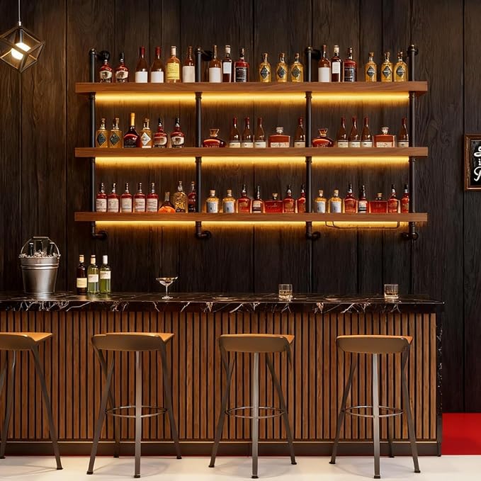 55.1in Wall Mounted Wine Rack with LED Light Solid Wood | 3-Tiers Liquor Bottles Floating Shelves Display Storage Organizer for Home Bar & Dining Room