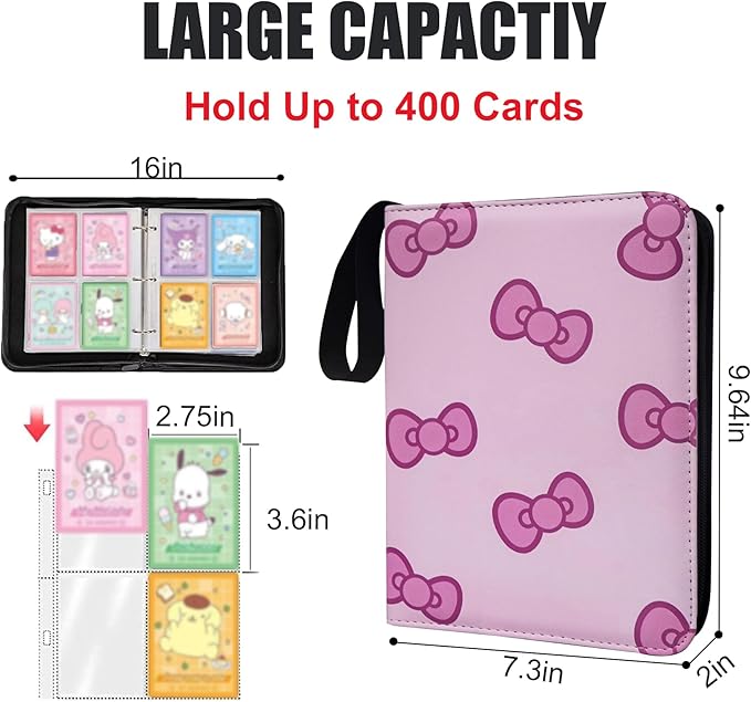 Pink Card Binder for Girls, 4 Pocket with 50 Sleeves up to 400 Trading Cards Binder, Waterproof Card Storage Bag with Shoulder Strap