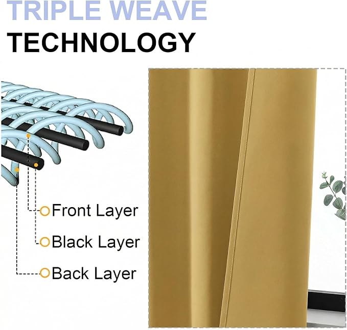 Simplebrand Blackout Extra 10ft Curtains for Patio 120 Inches Long 2 Panels Set, Solid Thermal Insulated Energy Saving Rod Pocket Window Treatment Curtains Blackout Drapes, 50" Wx120 L, Bright Gold