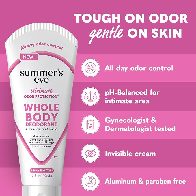Summer's Eve Simply Sensitive Whole Body Deodorant for Women, Aluminum-Free Ultimate Odor Control Cream, 3 Oz (Pack of 2)