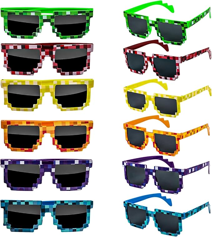 KIMOBER 12 Pack Pixel Sunglasses,6 Colors Pixelated Mosaic Gamer Glasses for Photo Props Party Favors