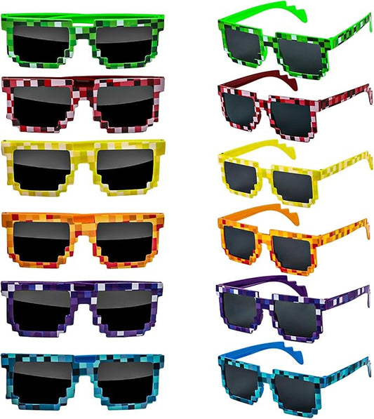 KIMOBER 12 Pack Pixel Sunglasses,6 Colors Pixelated Mosaic Gamer Glasses for Photo Props Party Favors