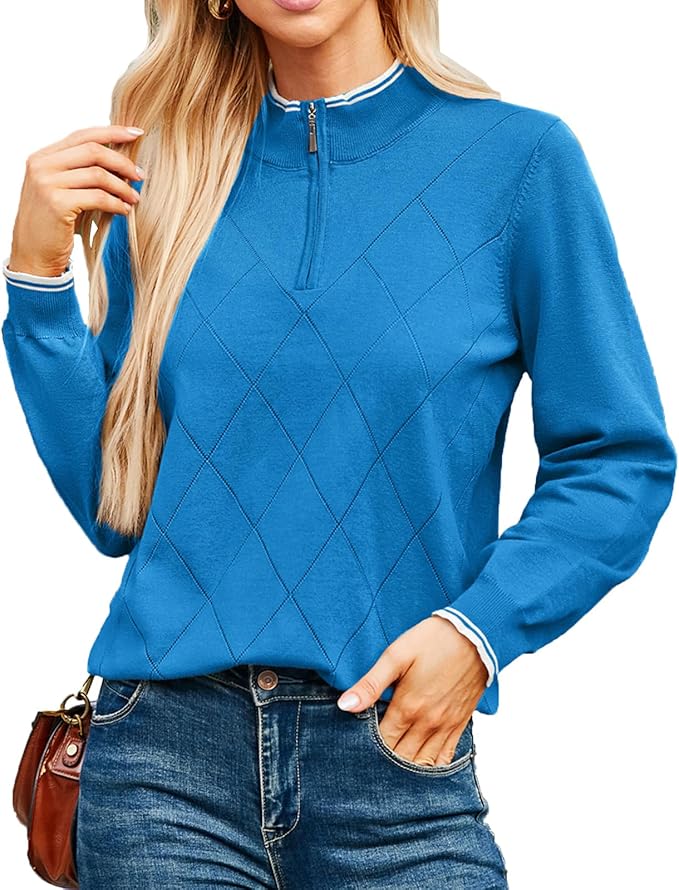 JACK SMITH Quarter Zip Pullover Sweaters for Womens, Rib Polo Sweater Tops | V Neck,Knit,Long Sleeve,Argyle,Open Pattern,Callar,Lightweight,Fashion,Golf Work Business Daily Wear Versatile Pullover Shirt