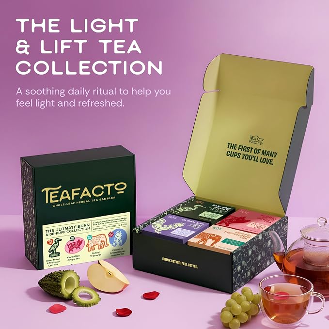 Tea Facto Herbal Tea Sampler Set Depuff Collection with Bitter Melon, Mulberry Leaf, Ginger, Pear & Green Grapes Jasmine - Fancy Tea Sampler Gift Set Box - Natural Fiber, Zero Added Sugar - 40 Count