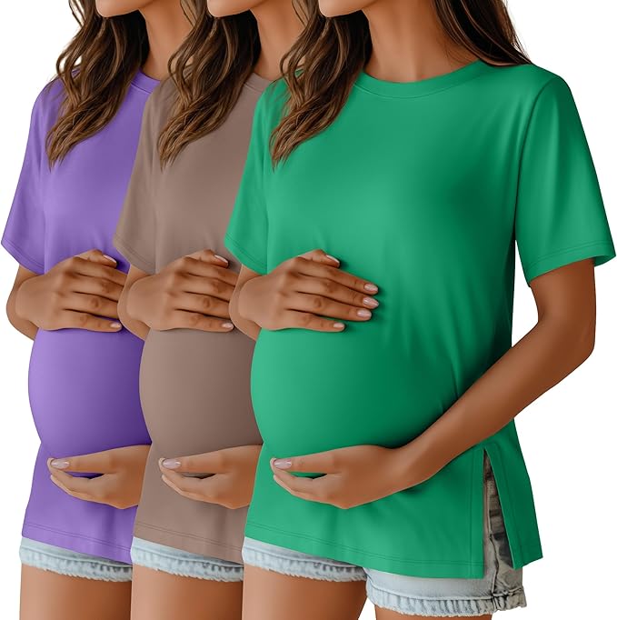 Ficerd 3 Pack Women's Maternity T Shirts, Short Sleeve Side Split Pregnancy Tops Casual Crew Neck Pregnant Tees Mama Clothes