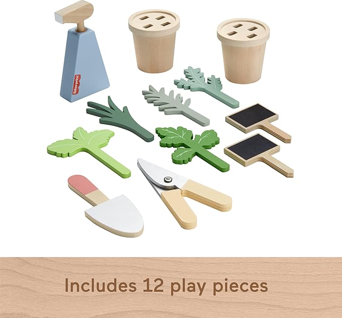 Fisher-Price Wood Pretend Play Toy Herb Garden & Tools Set, 12-Piece Wooden Playset for Preschool Kids Ages 3+ Years