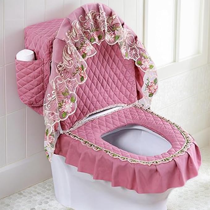 Toilet Seat Cover Set, 3Pcs Soft Lace Toilet Cover Set with Storage Bag, Washable Tank for Bathroom
