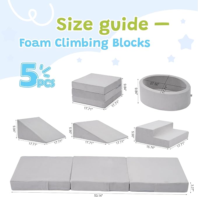 Elftopia Foam Climbing Blocks with Ball Pit & Stairs for Toddlers Aged 1-3 -Soft Playset for Indoor Crawling, Foam Playground Set for Baby to Active Playing Inside -(Balls NOT Included),Grey