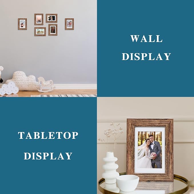 Hongkee 5x7 Picture Frame Set of 4, Made of Real Glass and Rustic Brown Wooden Frame, 5 by 7 Photo for Wall or Tabletop - Display Picture 4x6 with Mat or 5x7 Without Mat