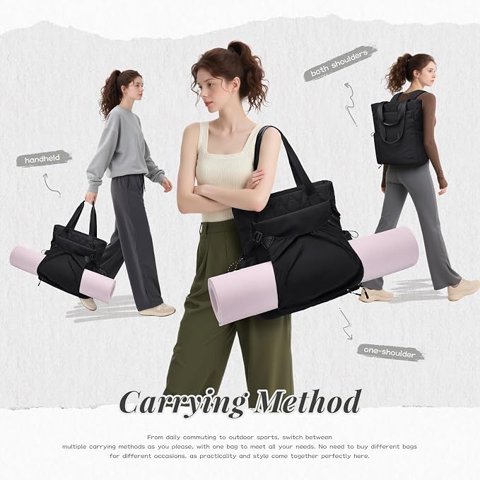 GOLF SUPAGS 3-in-1 Laptop Tote Backpack for Women 15.6" Quilted Work Gym Bag with Hidden Yoga Mat Carrier for Travel Leisure (Black)