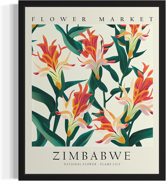 Zimbabwe, Flame Lily Art Print Poster, Flower Market Wall Art, Floral Artwork Decor for Bedroom, Kitchen, Bathroom, Livingroom Decoration 52 (Zimbabwe, Flame Lily, 10"L x 8"W, Unframed)