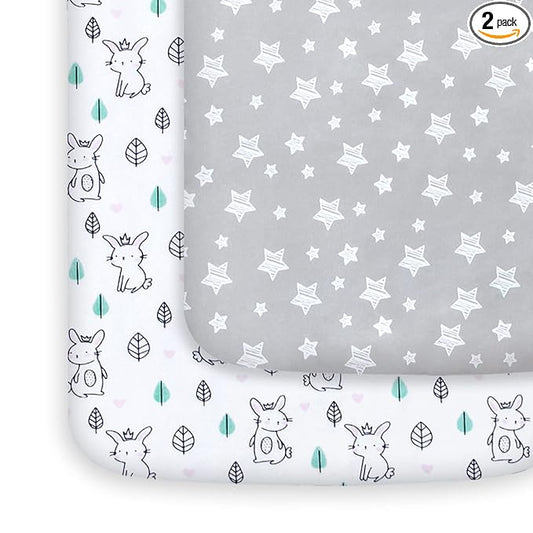 Pack and Play Sheets, 2 Pack Mini Crib Sheets, Stretchy Playard Fitted Sheet, Compatible with Graco Pack n Play, Soft and Breathable Material, Stars & Bunny